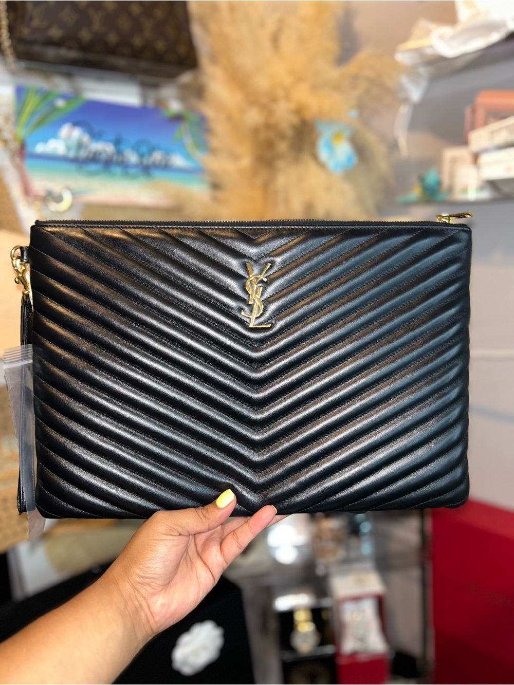 Yves Saint Laurent Black Quilted Leather Envelope Clutch with Gold YSL Emblem - Picture 11 of 13
